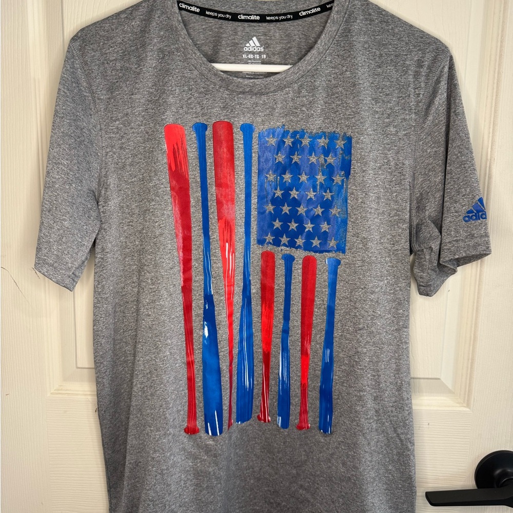adidas Heather Gray Performance Climalite Tee with bat American flag.